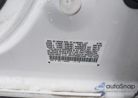 2009 Honda Ridgeline Rtl z USA, uszkodzony, nr VIN 5FPYK16549B104437